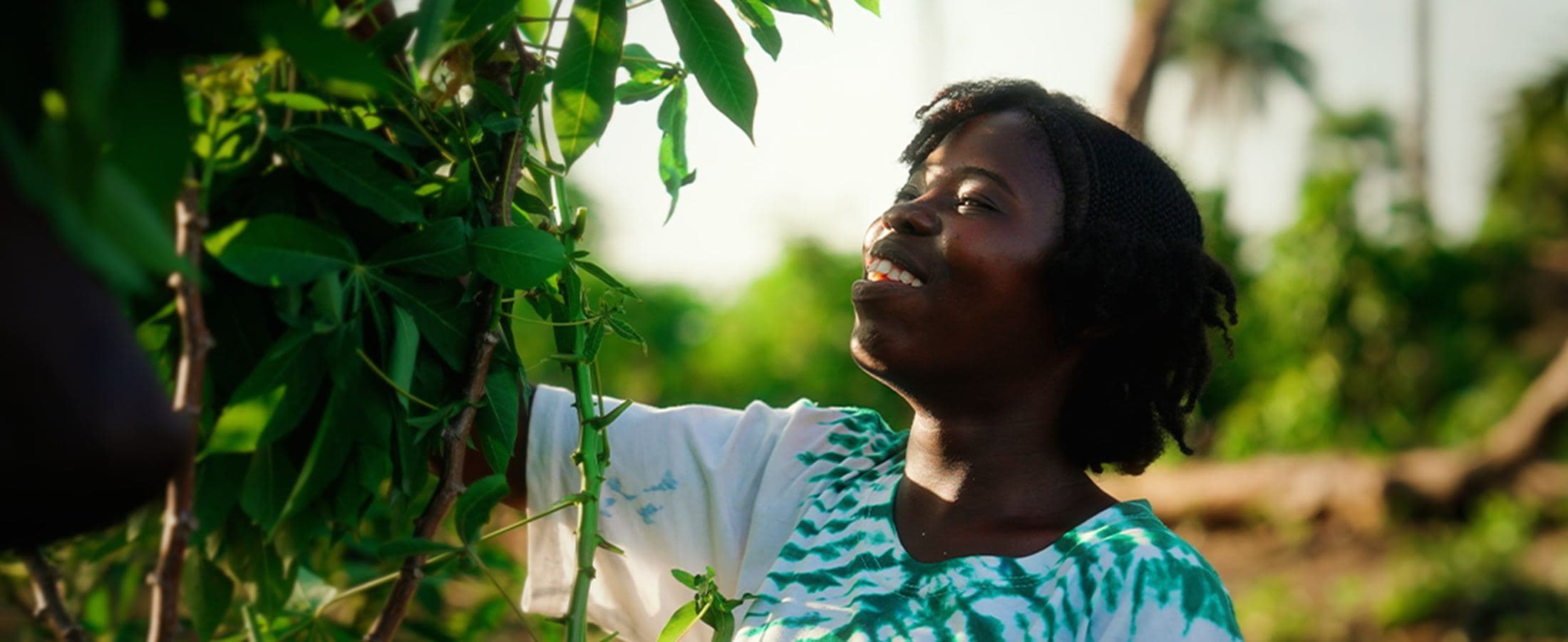 Woman looking up through leaves, Sierra Leone