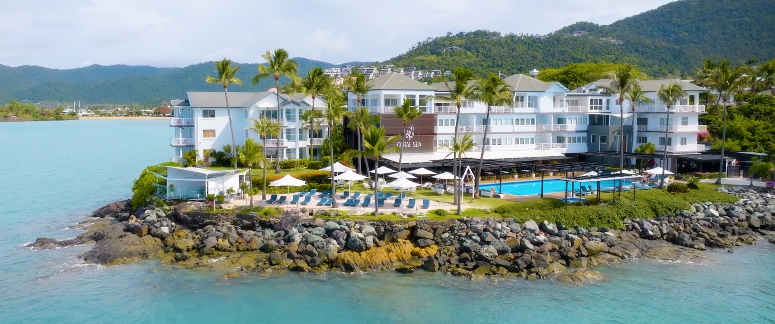 Aerial view of a coastal resort in the Whitsundays