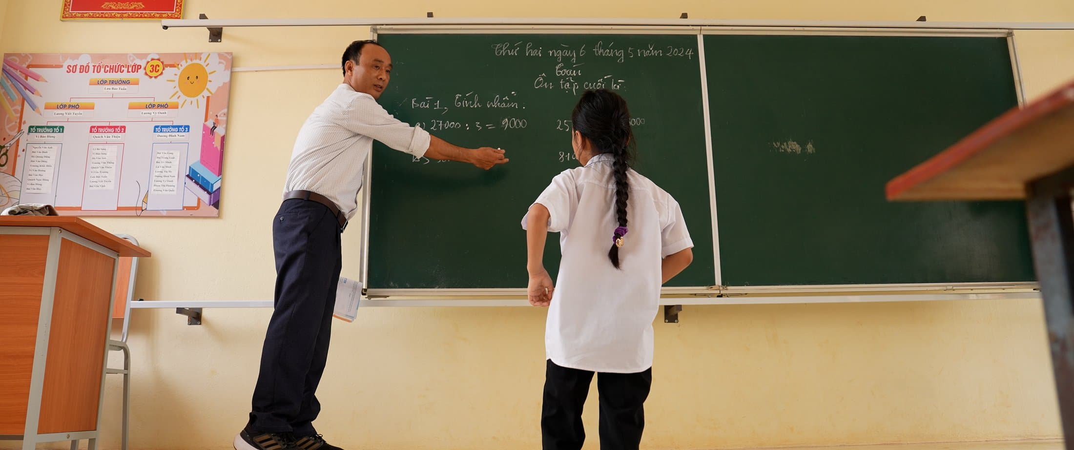 Teacher and student at a chalkboard, Vietnam