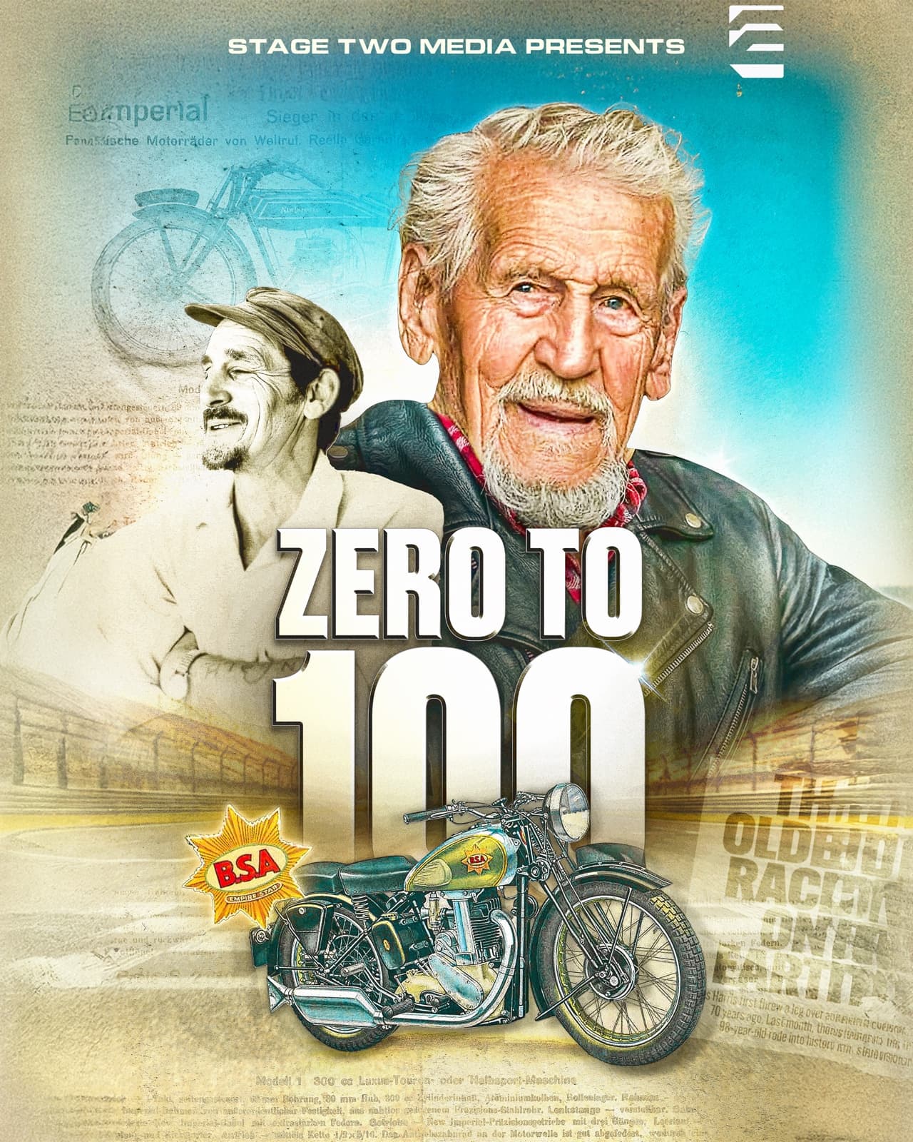 Zero to 100 movie poster featuring a veteran rider and a vintage BSA motorcycle