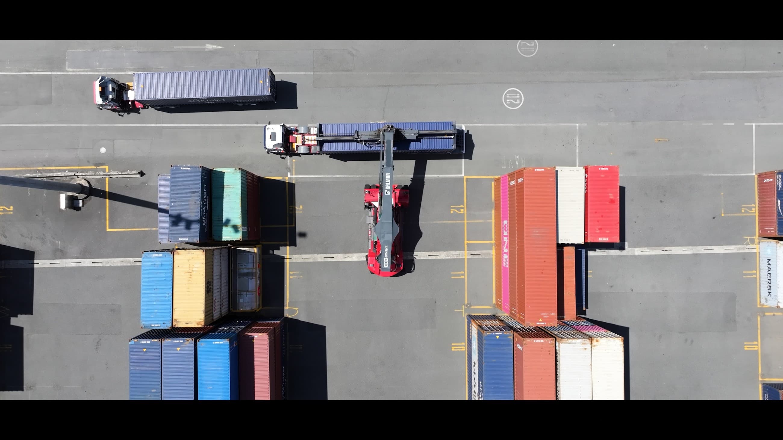 Aerial view of the container yard, with rail lines beyond
