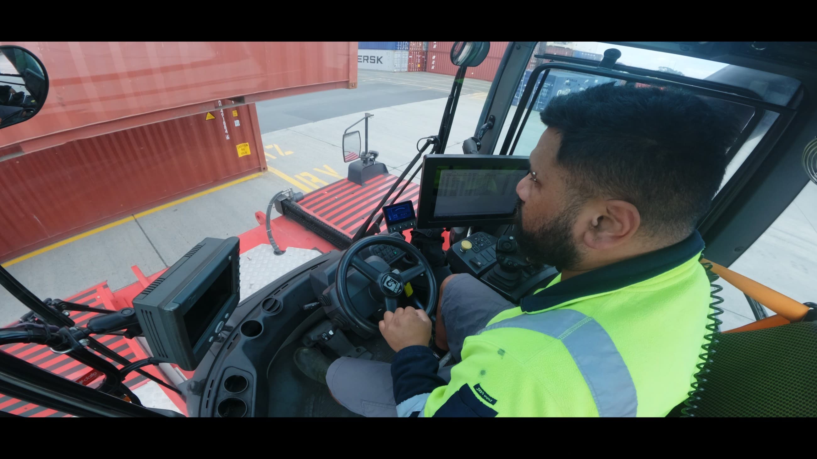 GoPro POV from inside the reach-stacker operator's cabin